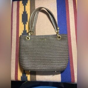 Eric Javit Olive Green Gold Woven Clip Tote Bag